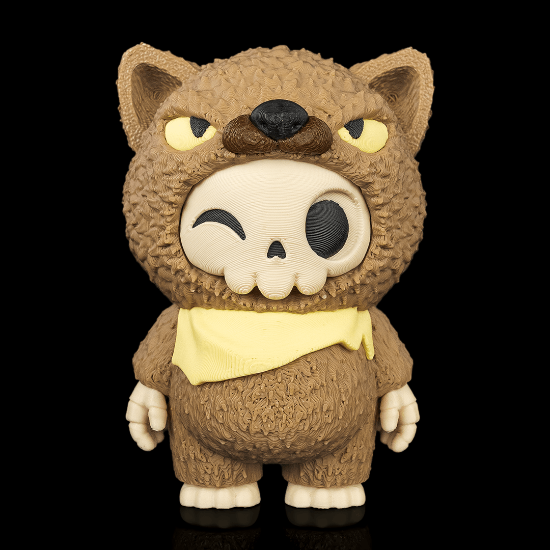A stylized collectible figure of a brown furry creature wearing a yellow bandana, standing against a solid black background with a subtle reflection below.